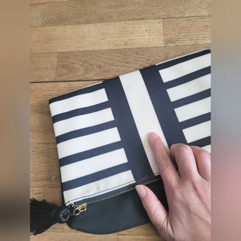 Summer + Rose , black‎ and white striped foldover Clutch - NWOT